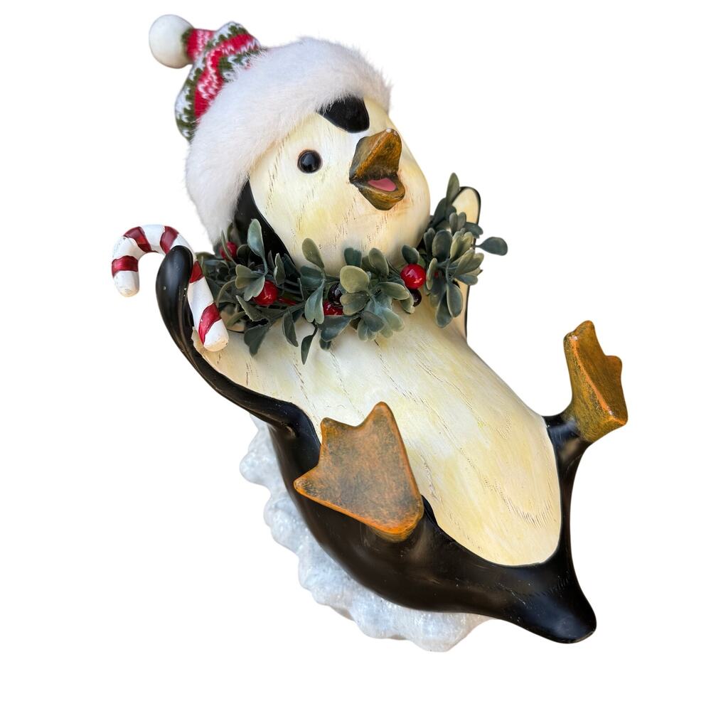 Vtg Christmas polyresin White Playful 9" Penguin Bird in Stocking Cap Figurine